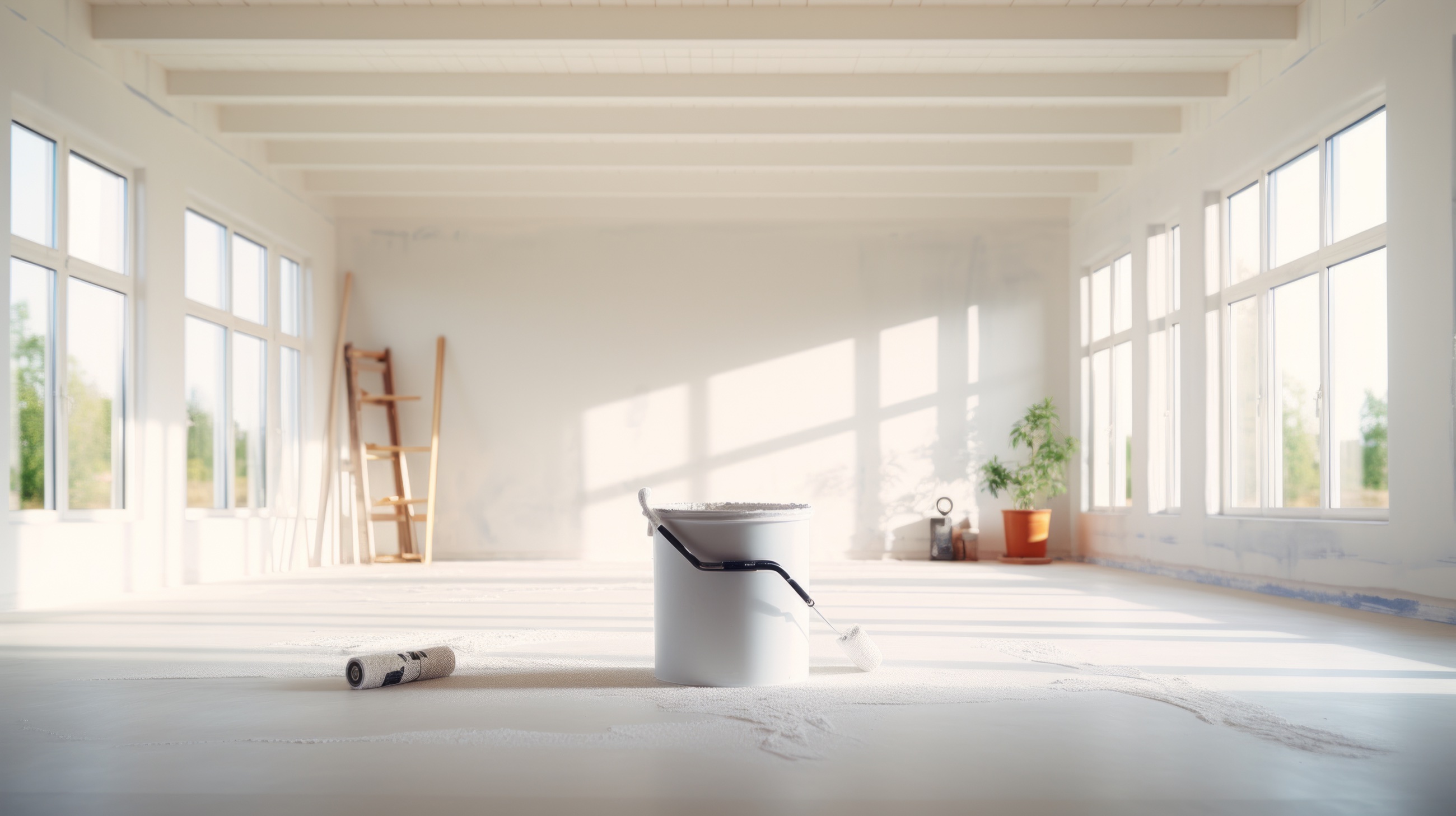 Bright, freshly prepared room with paint and a roller ready for a new finish